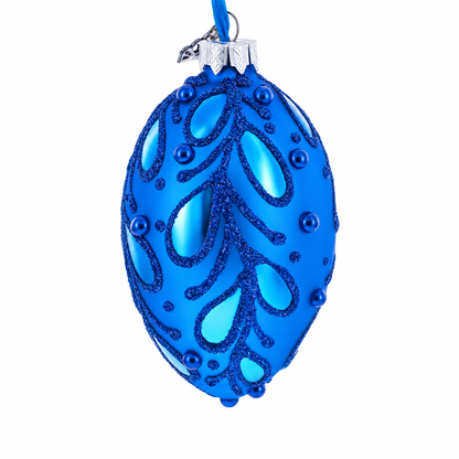 Bejeweled Scroll on Blue Glass Egg Christmas Ornament 4 Inches