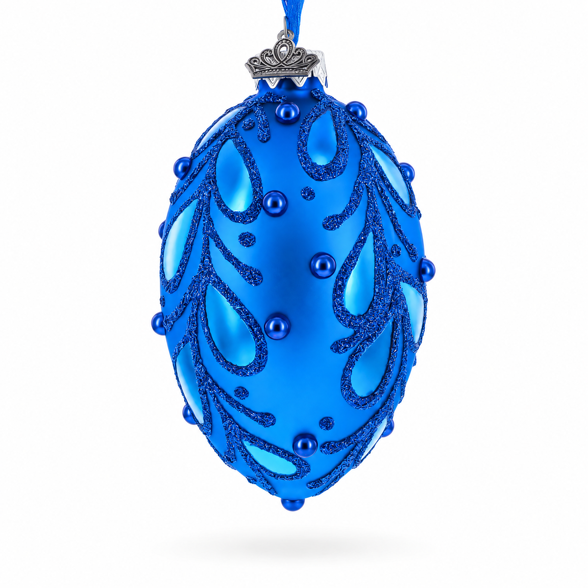 Bejeweled Scroll on Blue Glass Egg Christmas Ornament 4 Inches