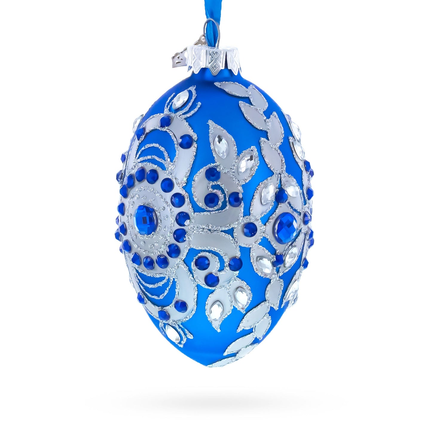 Silver on Blue Glass Egg Christmas Ornament 4 Inches