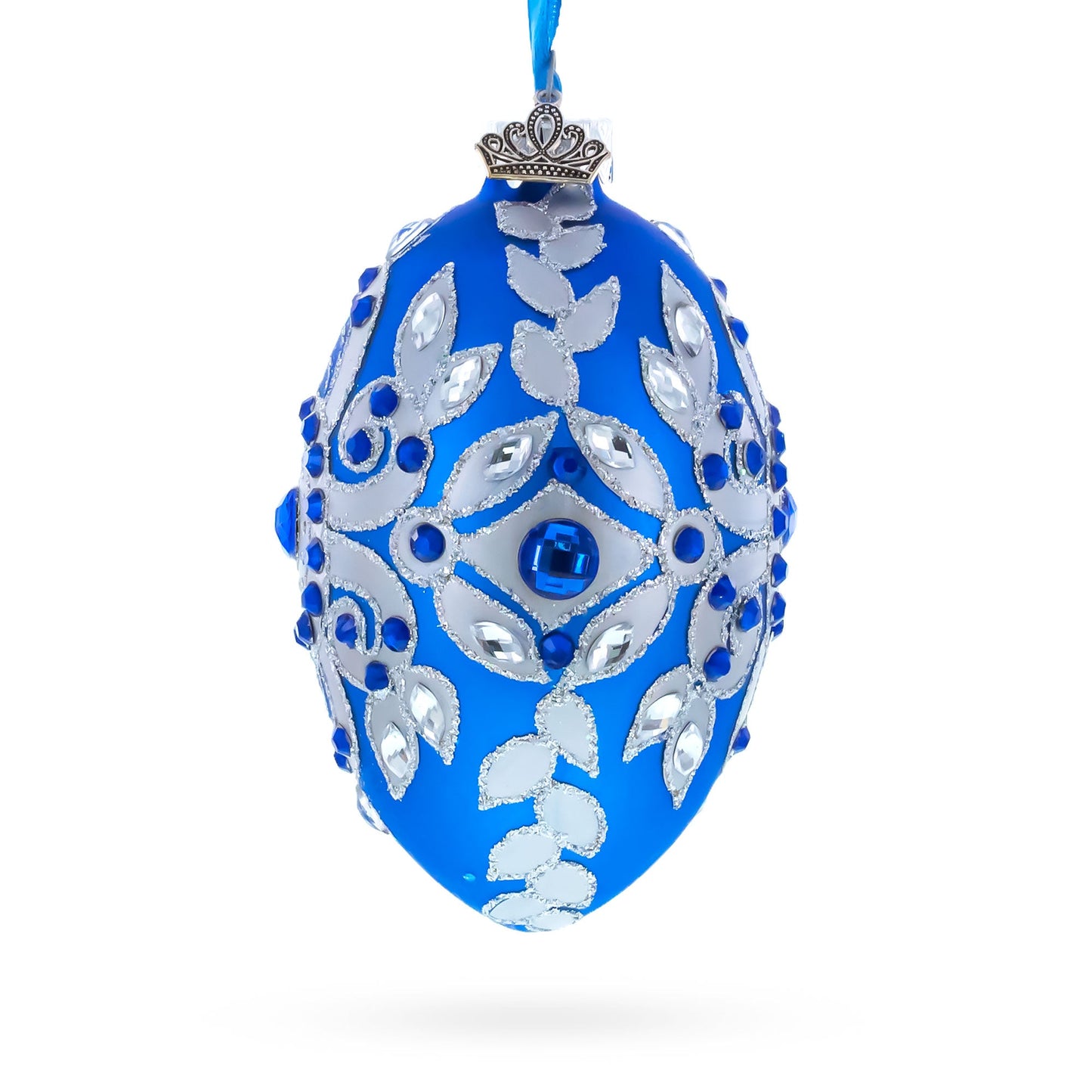 Silver on Blue Glass Egg Christmas Ornament 4 Inches