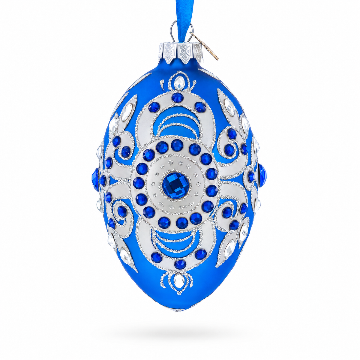 Silver on Blue Glass Egg Christmas Ornament 4 Inches