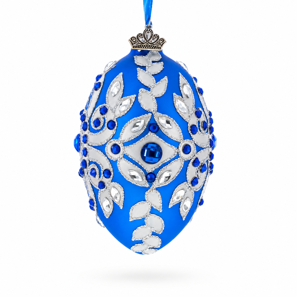 Silver on Blue Glass Egg Christmas Ornament 4 Inches