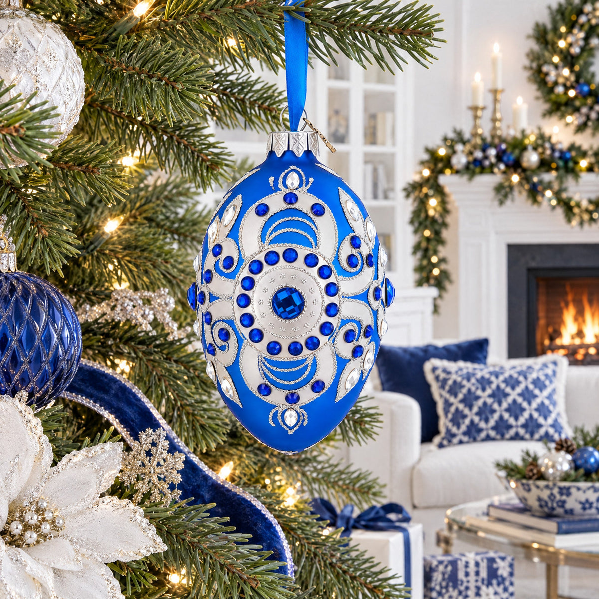 Silver on Blue Glass Egg Christmas Ornament 4 Inches