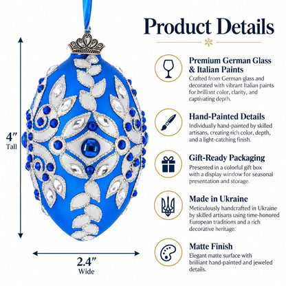 Silver on Blue Glass Egg Christmas Ornament 4 Inches
