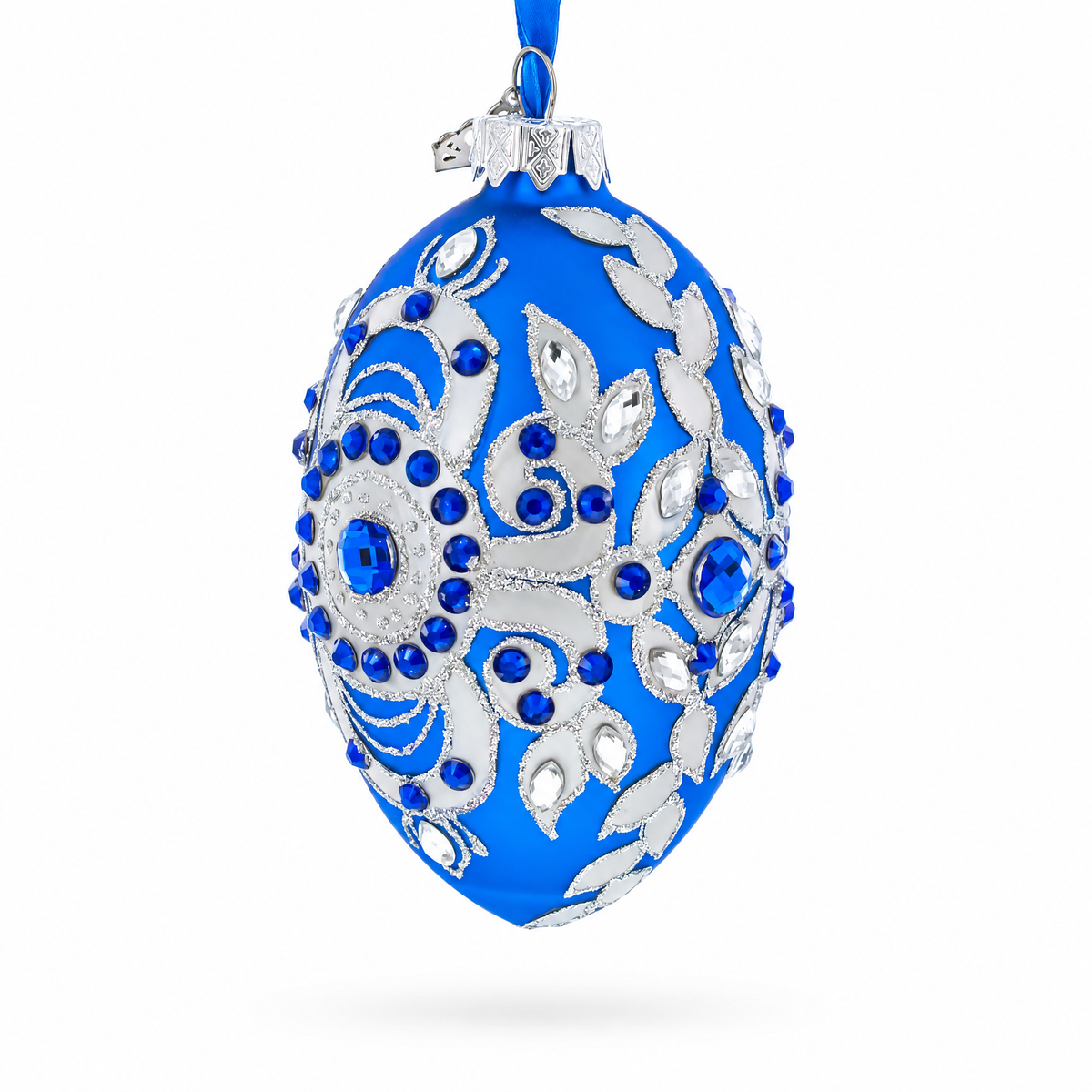 Silver on Blue Glass Egg Christmas Ornament 4 Inches