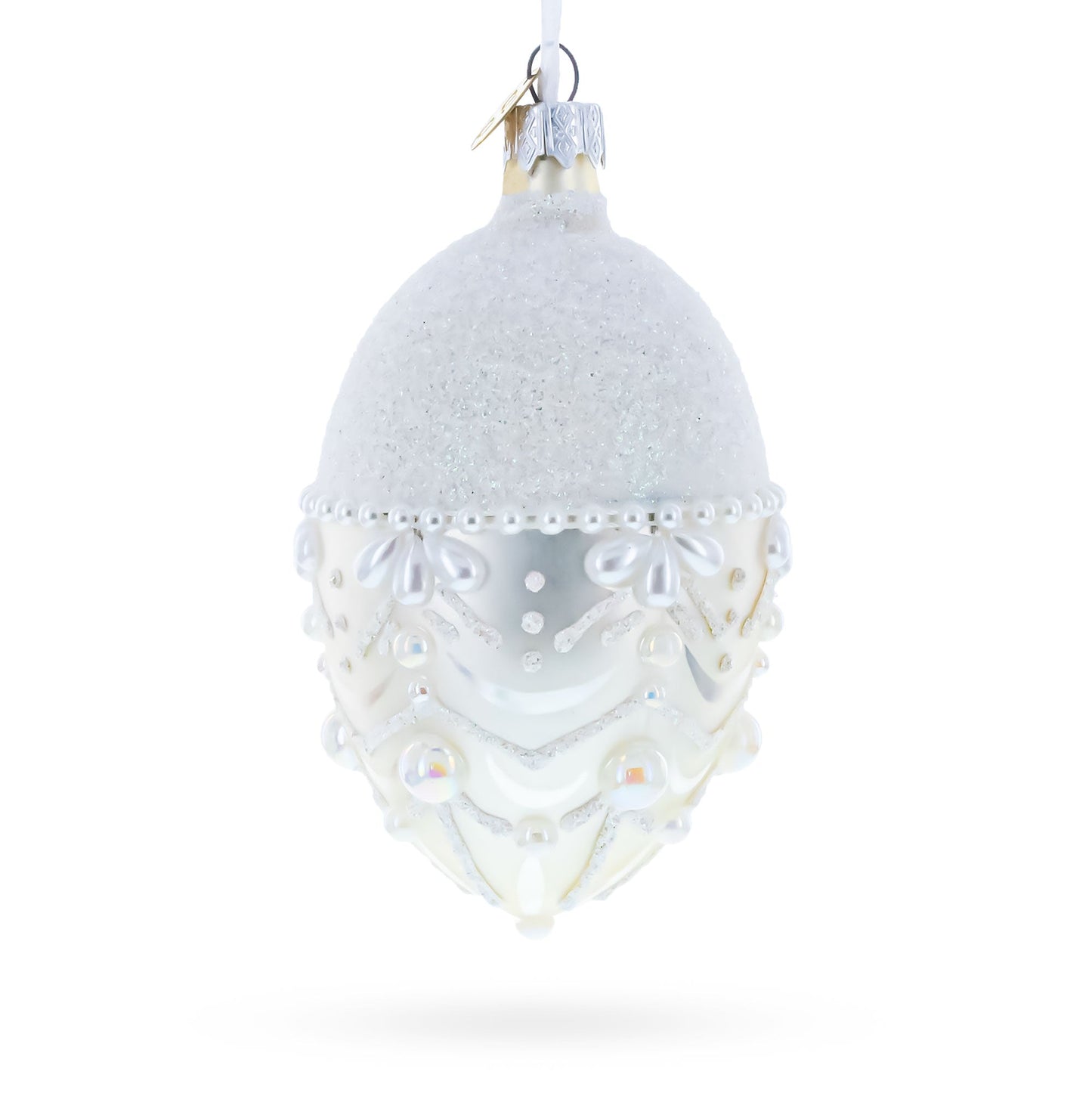 White Pearls on Frozen Glass Egg Christmas Ornament 4 Inches