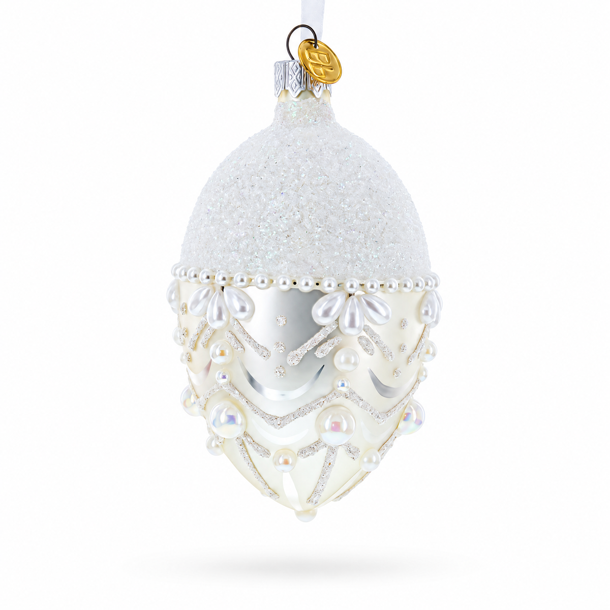 White Pearls on Frozen Glass Egg Christmas Ornament 4 Inches