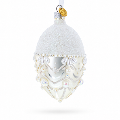 White Pearls on Frozen Glass Egg Christmas Ornament 4 Inches