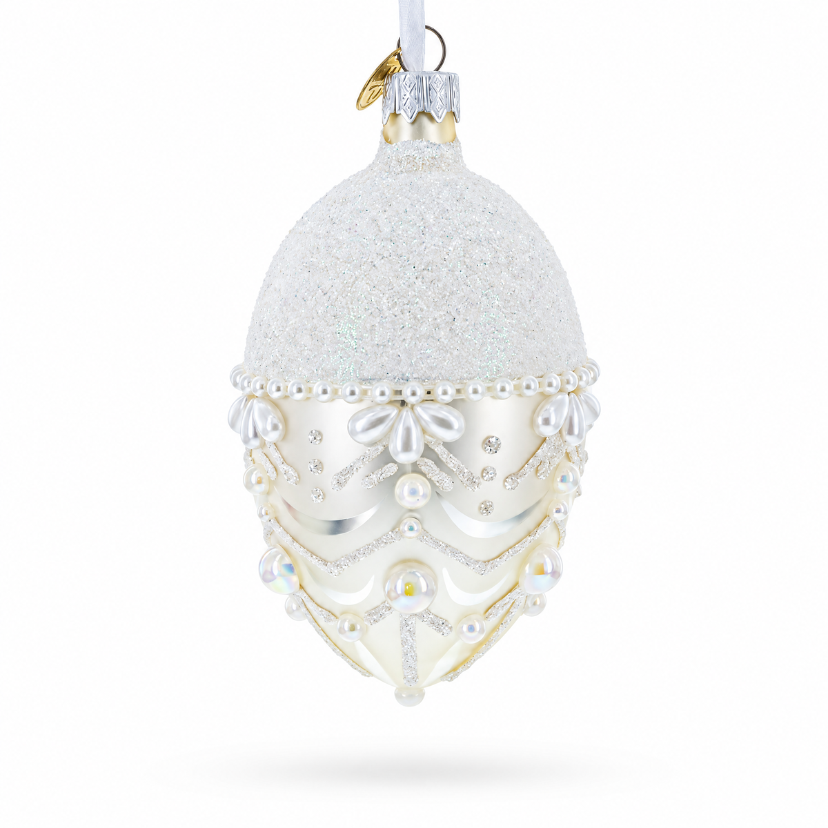 White Pearls on Frozen Glass Egg Christmas Ornament 4 Inches