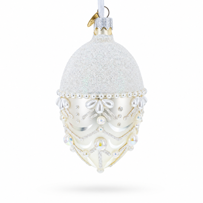 White Pearls on Frozen Glass Egg Christmas Ornament 4 Inches