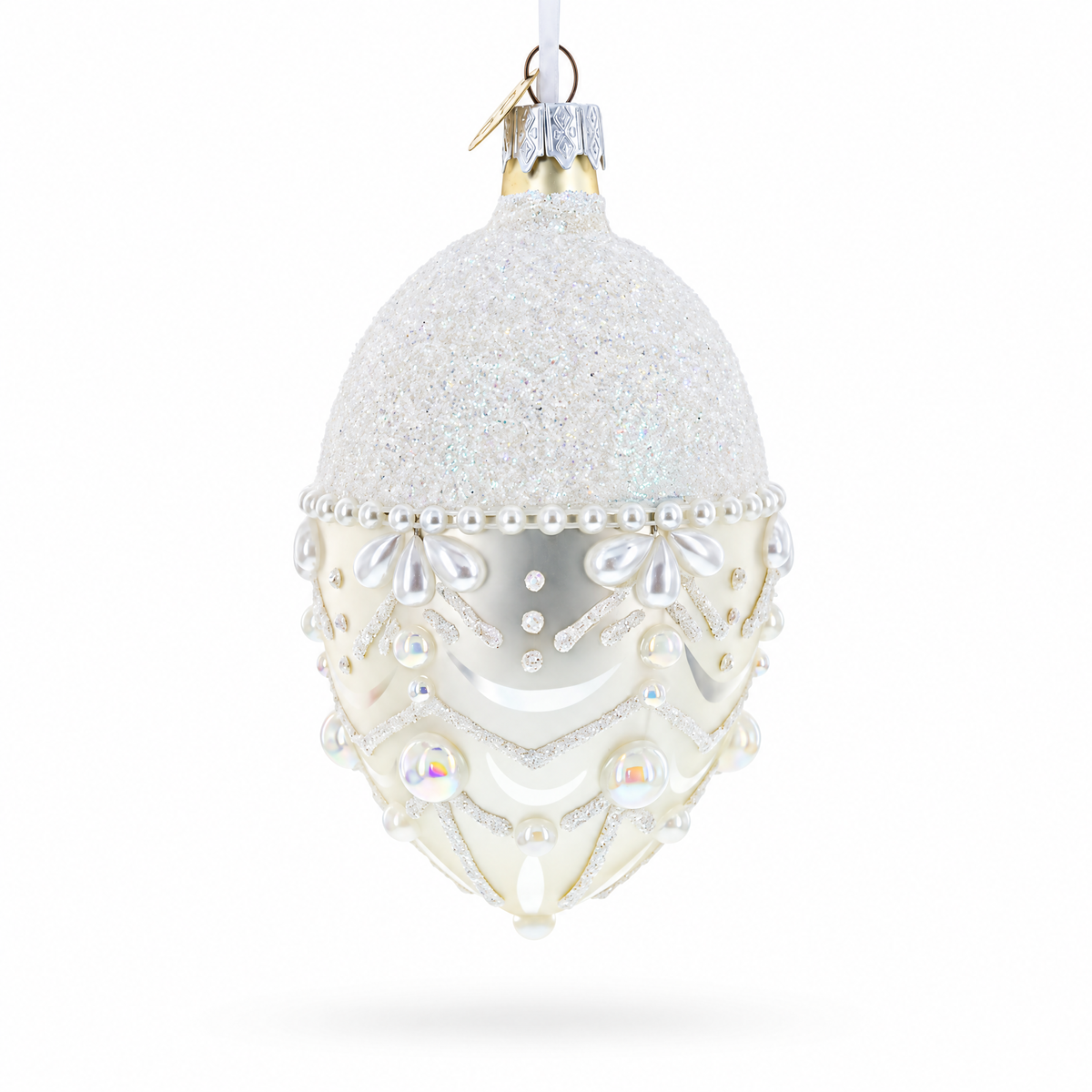 White Pearls on Frozen Glass Egg Christmas Ornament 4 Inches