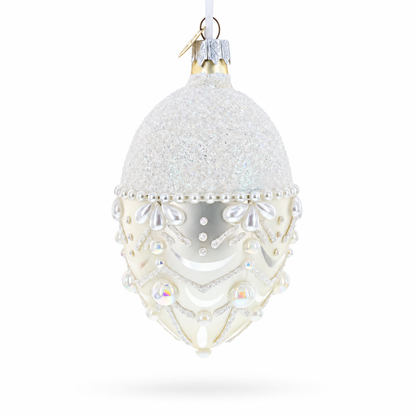 White Pearls on Frozen Glass Egg Christmas Ornament 4 Inches