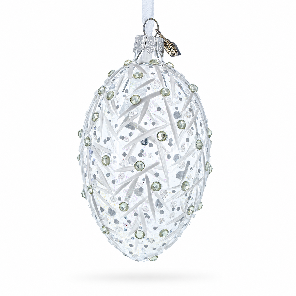 Silver Branches Glass Egg Christmas Ornament 4 Inches