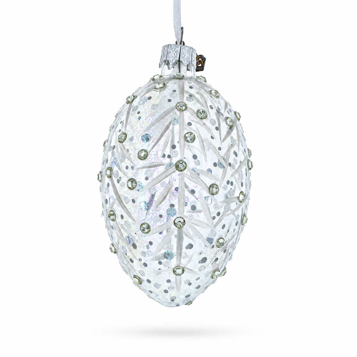Silver Branches Glass Egg Christmas Ornament 4 Inches