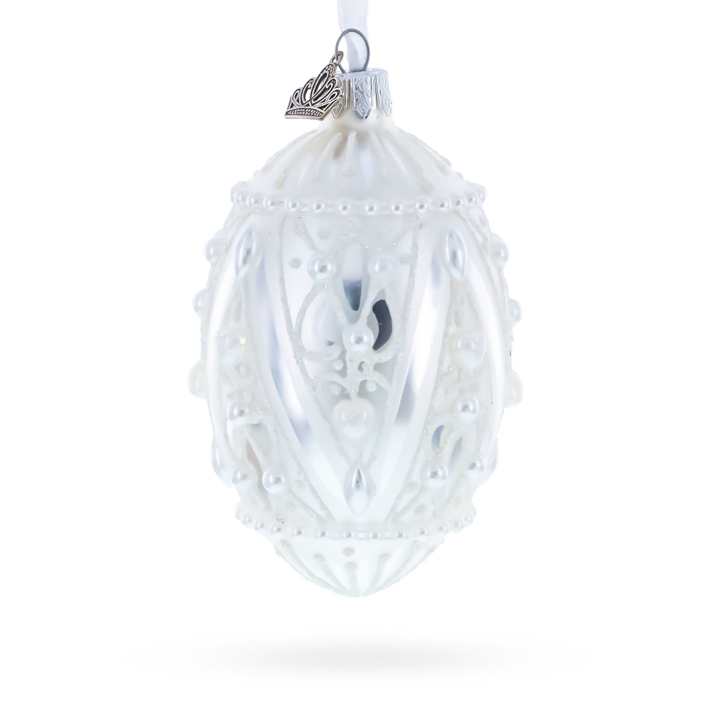 Pearlized Drops on White Glass Egg Christmas Ornament 4 Inches