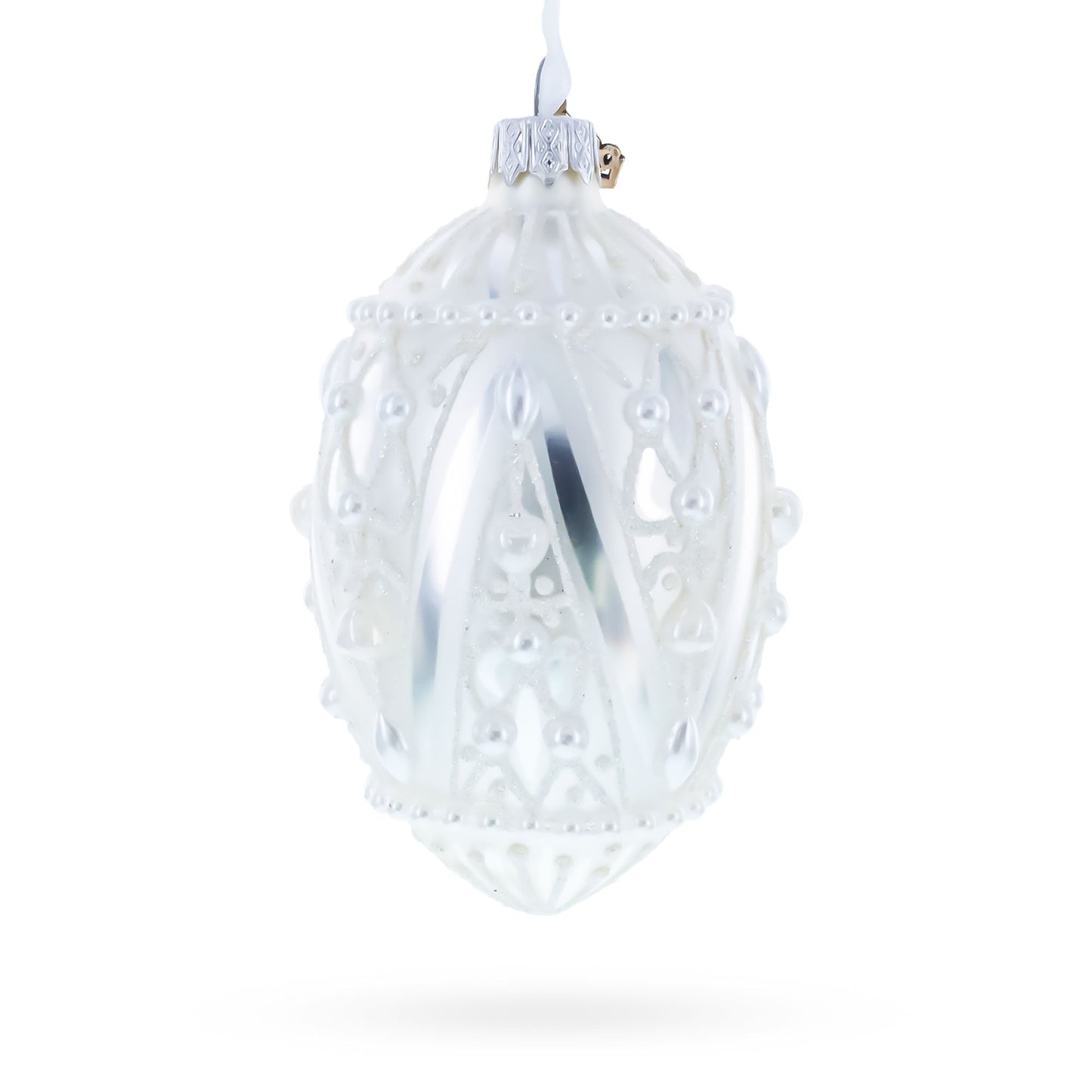 Pearlized Drops on White Glass Egg Christmas Ornament 4 Inches