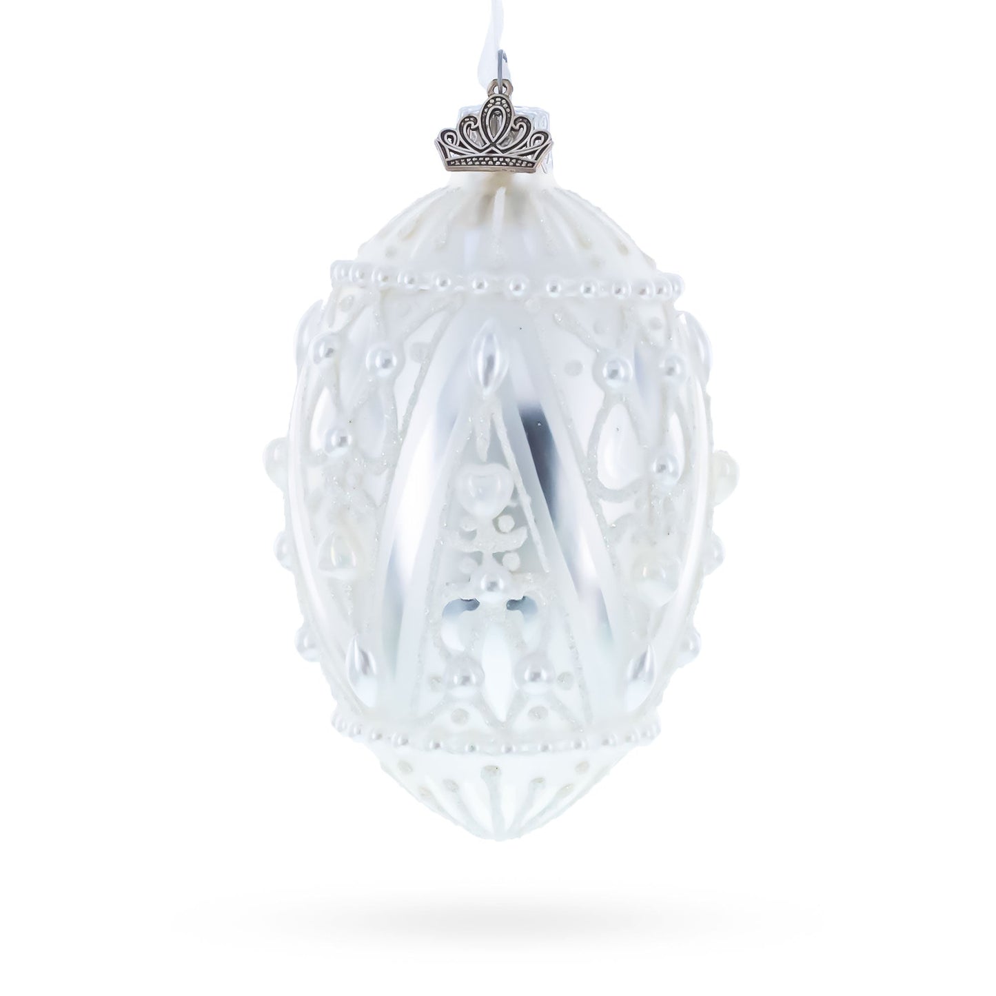 Pearlized Drops on White Glass Egg Christmas Ornament 4 Inches
