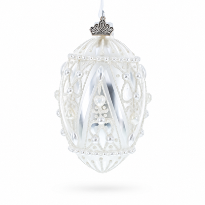 Pearlized Drops on White Glass Egg Christmas Ornament 4 Inches