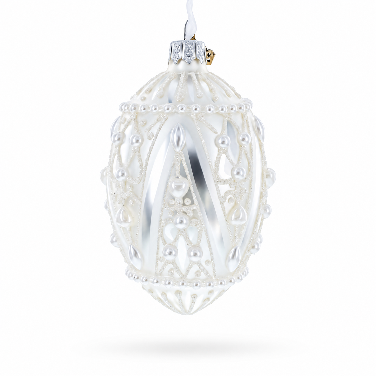 Pearlized Drops on White Glass Egg Christmas Ornament 4 Inches