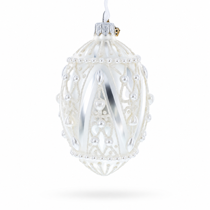Pearlized Drops on White Glass Egg Christmas Ornament 4 Inches
