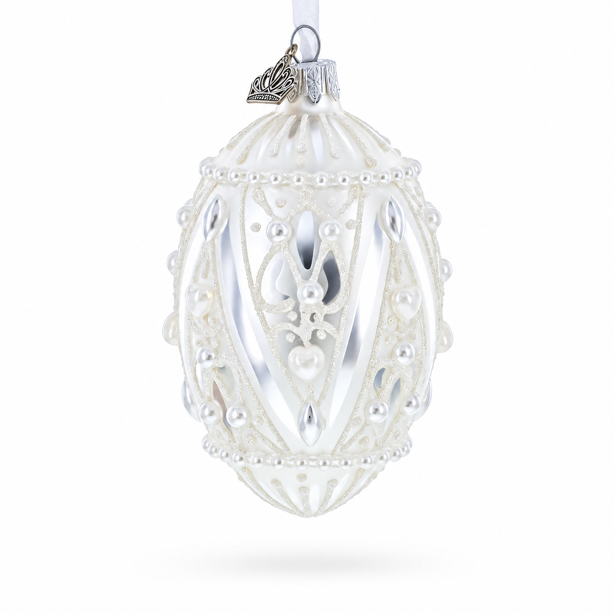 Pearlized Drops on White Glass Egg Christmas Ornament 4 Inches