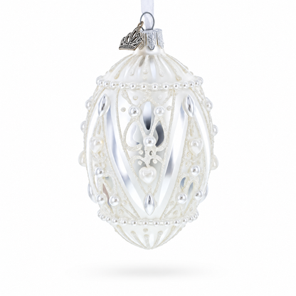 Pearlized Drops on White Glass Egg Christmas Ornament 4 Inches