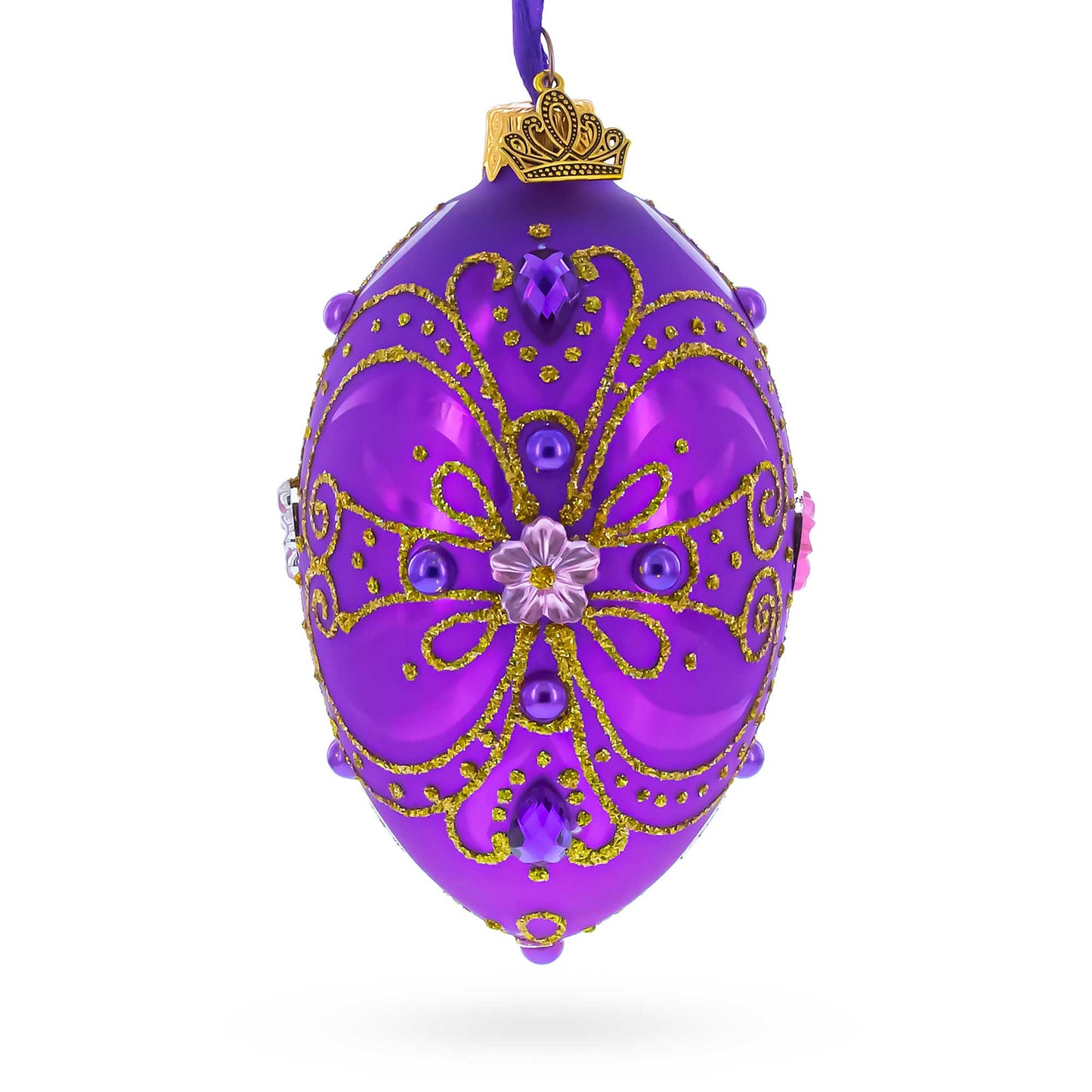 Royal Purple and Gold Glitter Scrollwork & Gem Accents Glass Egg Christmas Ornament 4 Inches