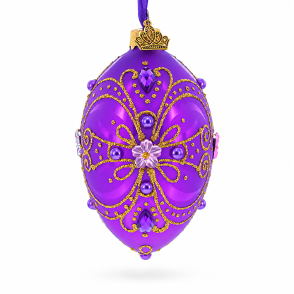 Royal Purple and Gold Glitter Scrollwork & Gem Accents Glass Egg Christmas Ornament 4 Inches