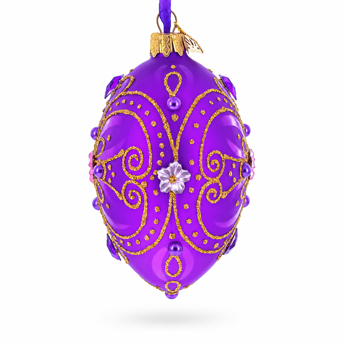 Royal Purple and Gold Glitter Scrollwork & Gem Accents Glass Egg Christmas Ornament 4 Inches