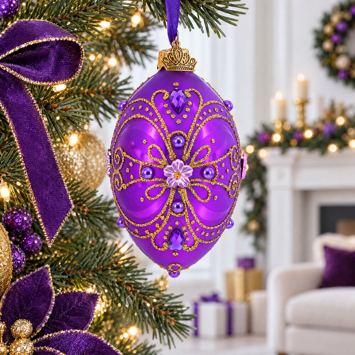 Royal Purple and Gold Glitter Scrollwork & Gem Accents Glass Egg Christmas Ornament 4 Inches