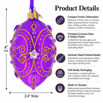 Royal Purple and Gold Glitter Scrollwork & Gem Accents Glass Egg Christmas Ornament 4 Inches