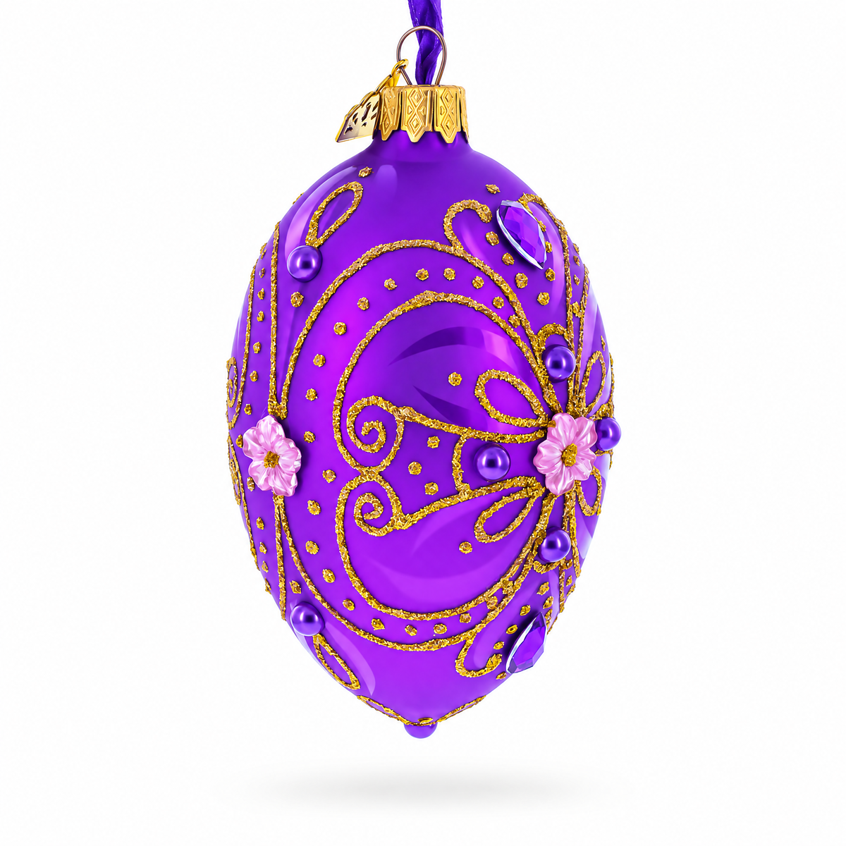 Royal Purple and Gold Glitter Scrollwork & Gem Accents Glass Egg Christmas Ornament 4 Inches