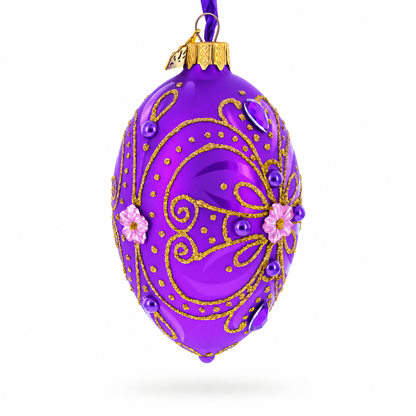 Royal Purple and Gold Glitter Scrollwork & Gem Accents Glass Egg Christmas Ornament 4 Inches