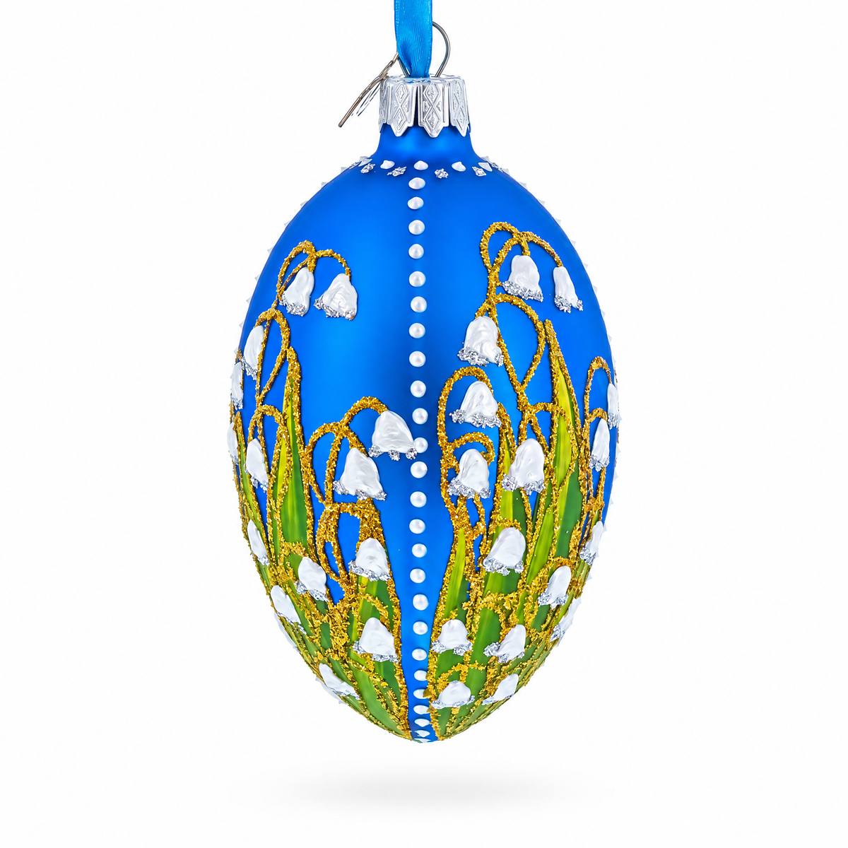 1898 Lilies of the Valley Royal in Blue Egg Glass Egg Christmas Ornament 4 Inches