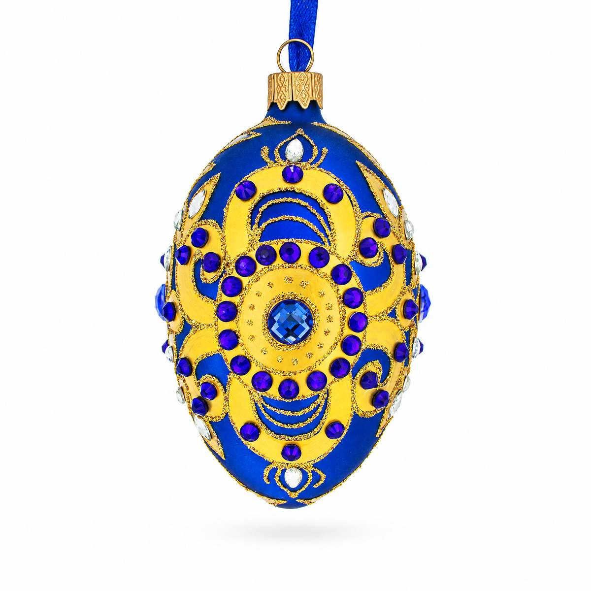 Golden Leaves on Blue Glass Egg Christmas Ornament 4 Inches