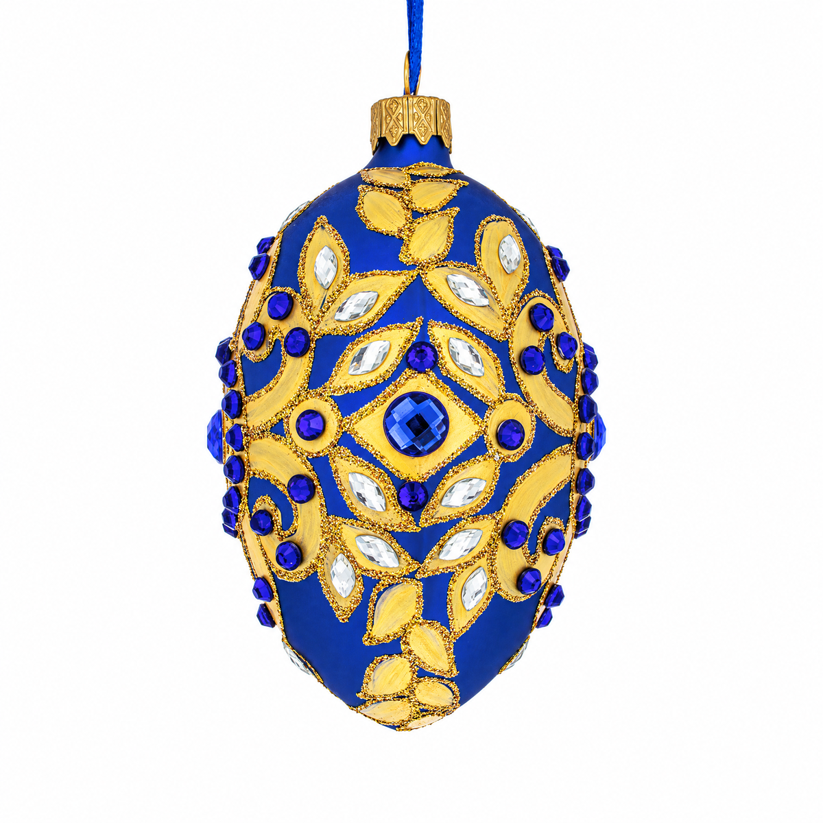 Golden Leaves on Blue Glass Egg Christmas Ornament 4 Inches