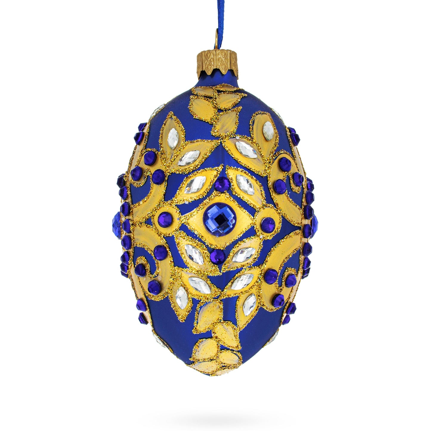 Golden Leaves on Blue Glass Egg Christmas Ornament 4 Inches