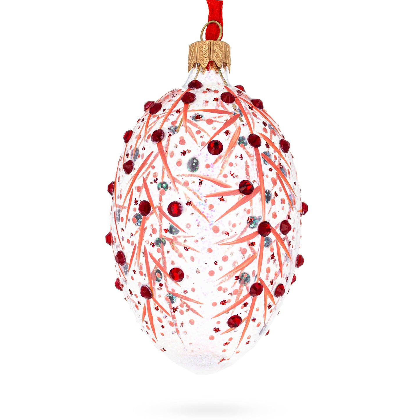 Red Branches Glass Egg Christmas Ornament 4 Inches