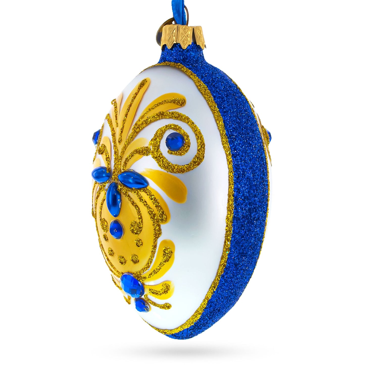 Bejeweled Gold on Blue Glass Egg Christmas Ornament 4 Inches