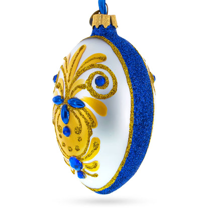 Bejeweled Gold on Blue Glass Egg Christmas Ornament 4 Inches