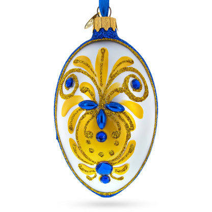 Bejeweled Gold on Blue Glass Egg Christmas Ornament 4 Inches