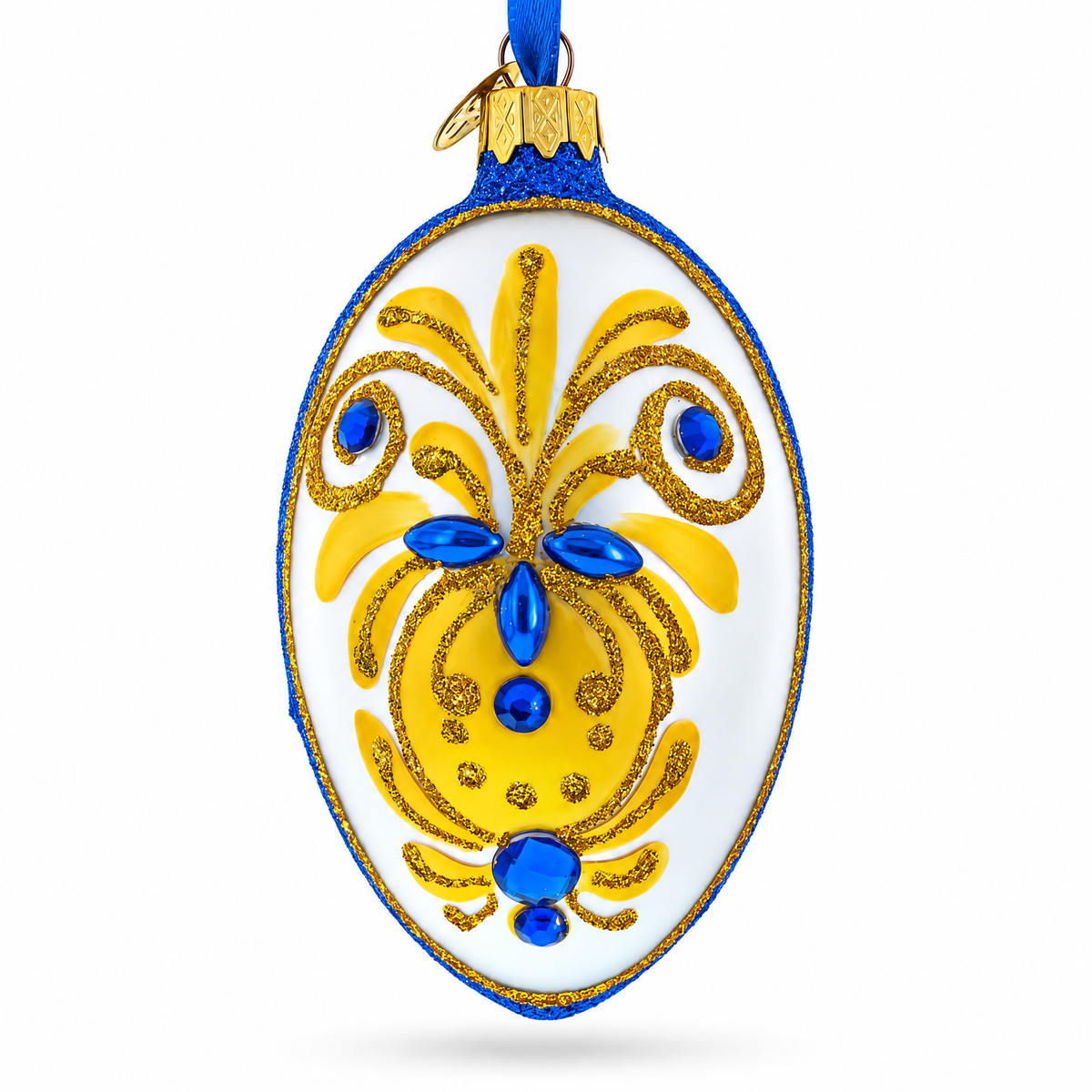 Bejeweled Gold on Blue Glass Egg Christmas Ornament 4 Inches