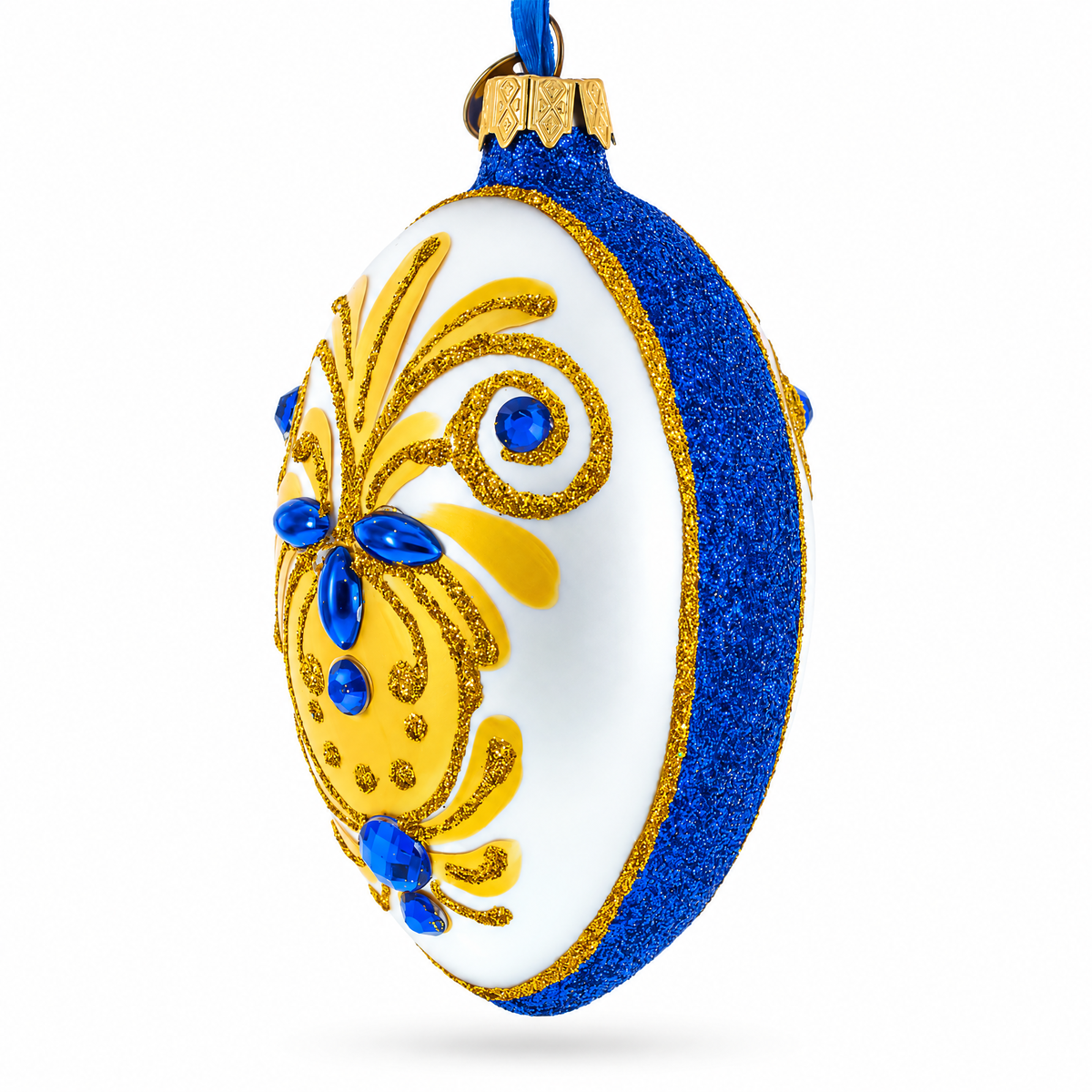 Bejeweled Gold on Blue Glass Egg Christmas Ornament 4 Inches