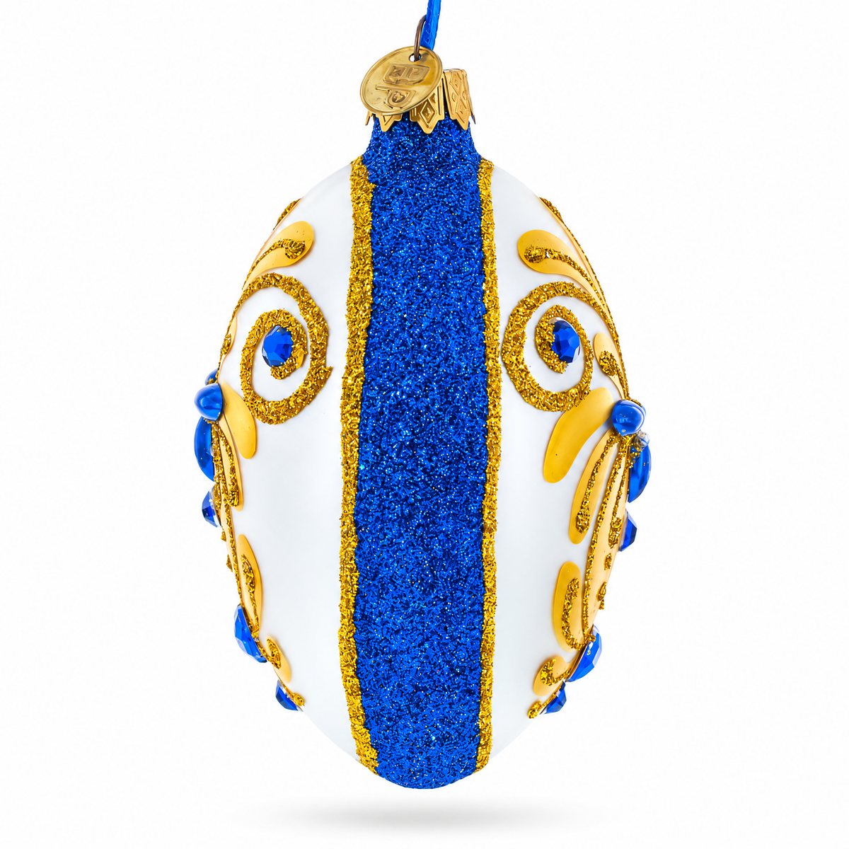 Bejeweled Gold on Blue Glass Egg Christmas Ornament 4 Inches