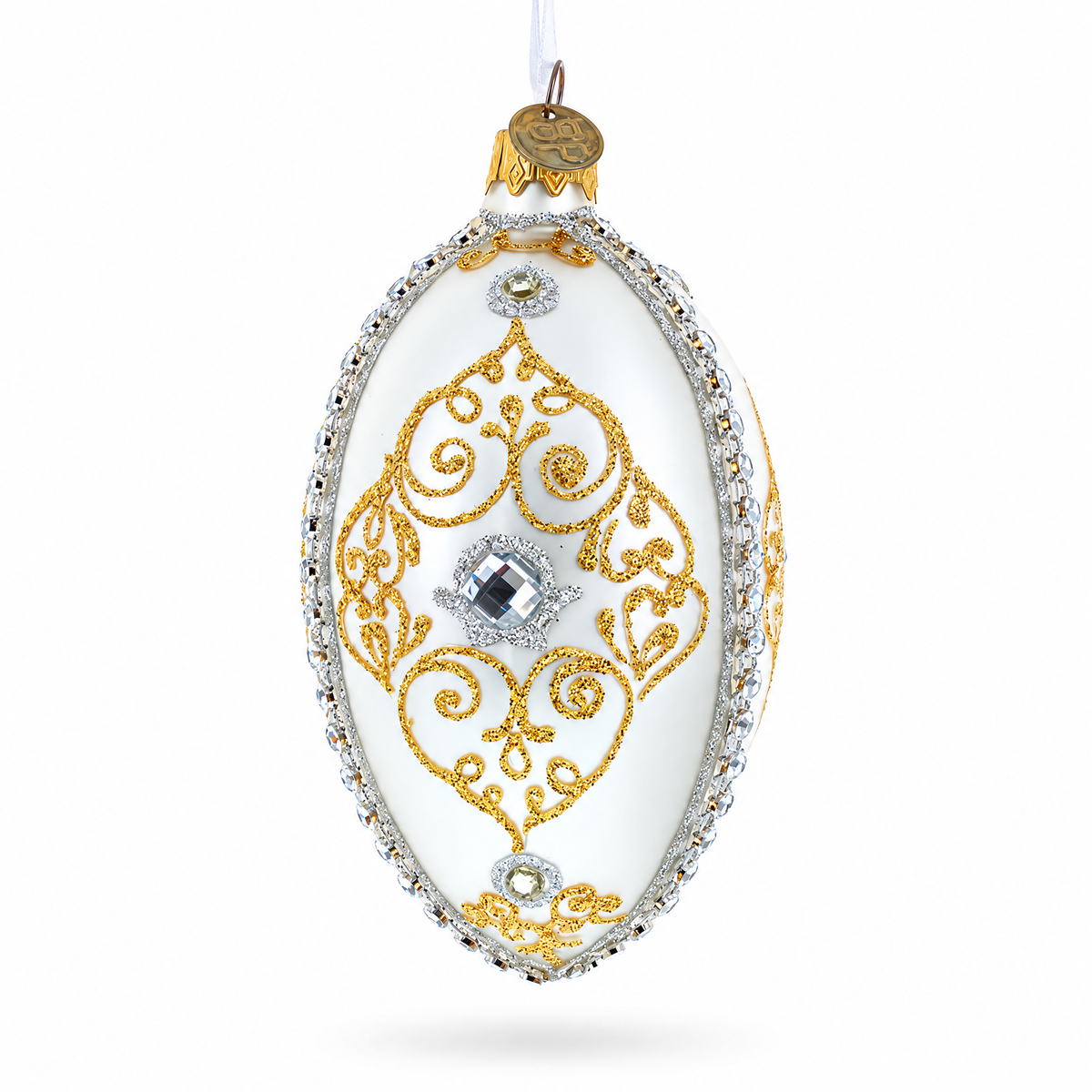 Diamond in Golden Scroll Glass Egg Christmas Ornament 4 Inches