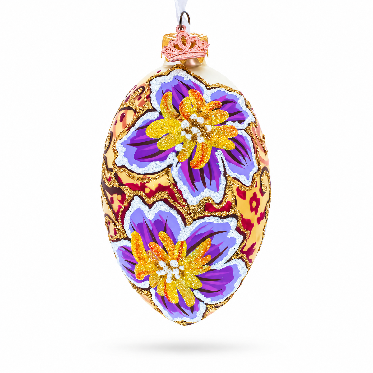 Purple Flowers Glass Egg Ornament 4 Inches