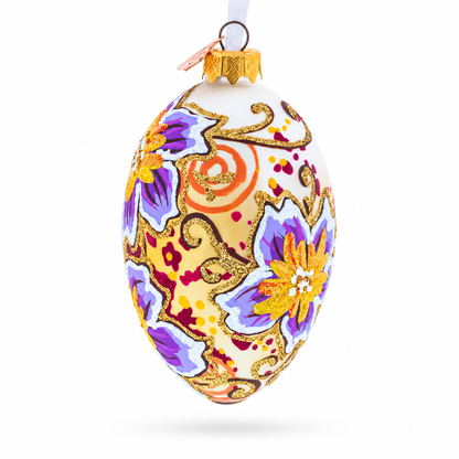 Purple Flowers Glass Egg Ornament 4 Inches