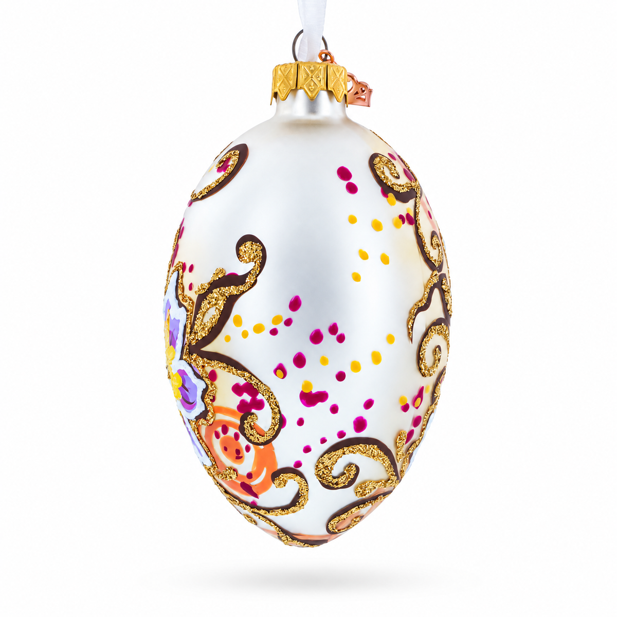 Purple Flowers Glass Egg Ornament 4 Inches