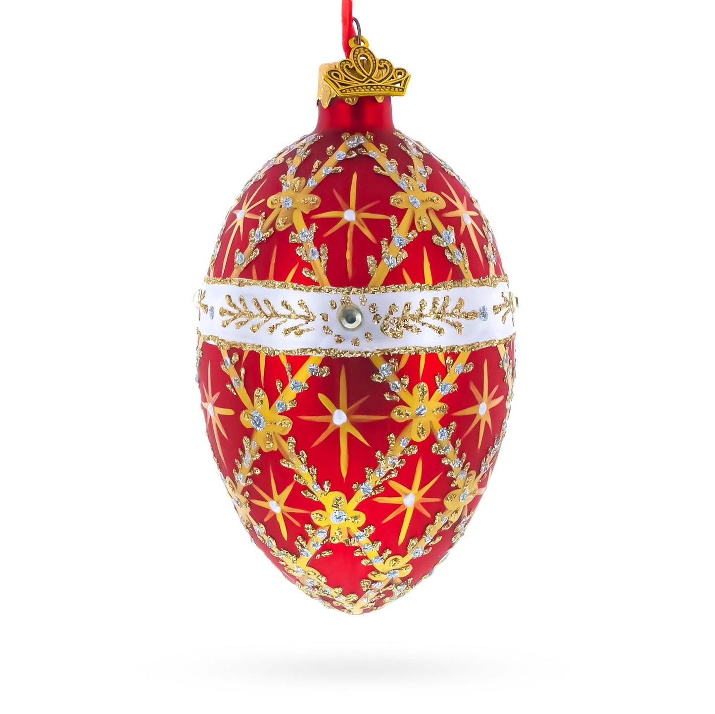 Diamond Trellis on Red Glass Egg Christmas Ornament 4 Inches