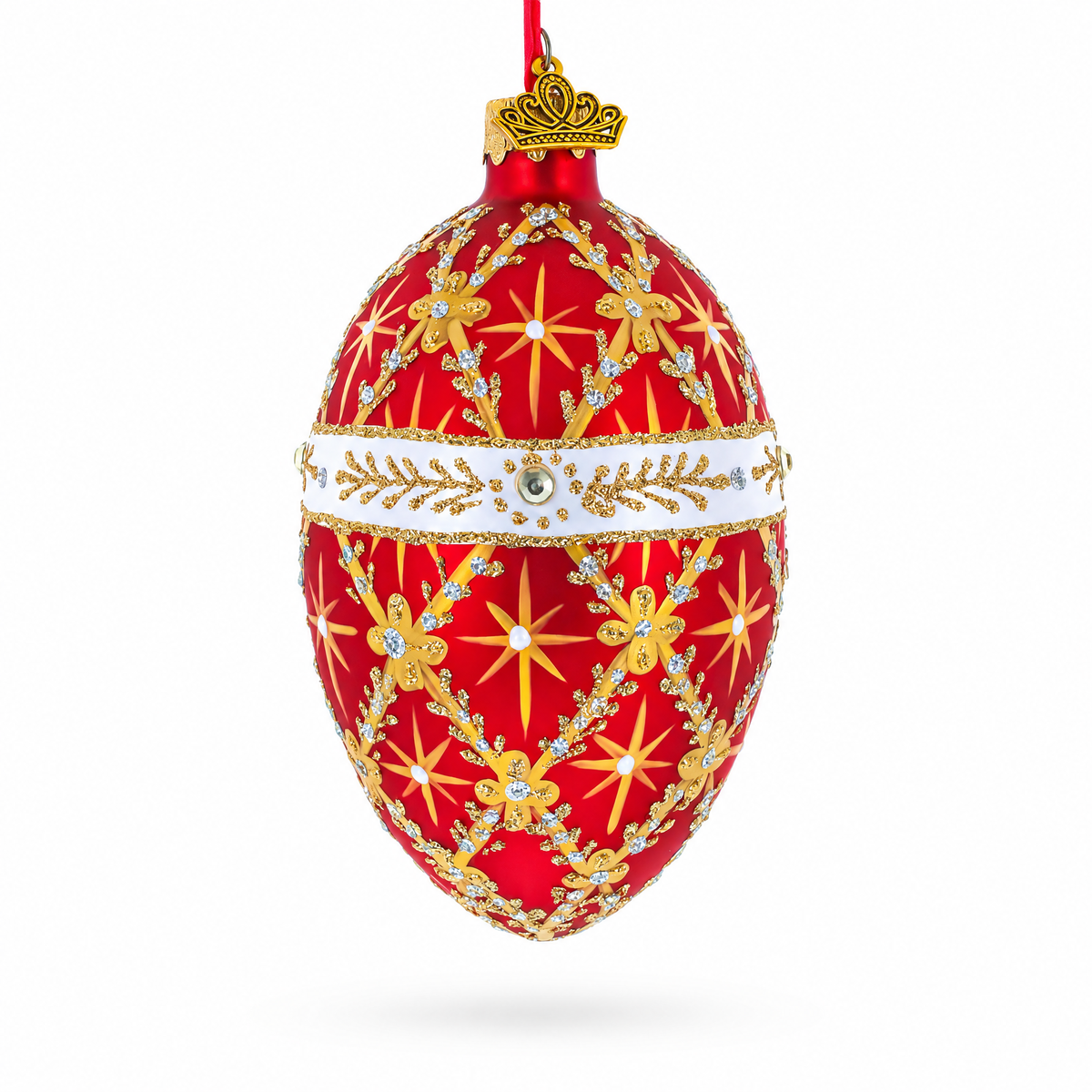 Diamond Trellis on Red Glass Egg Christmas Ornament 4 Inches
